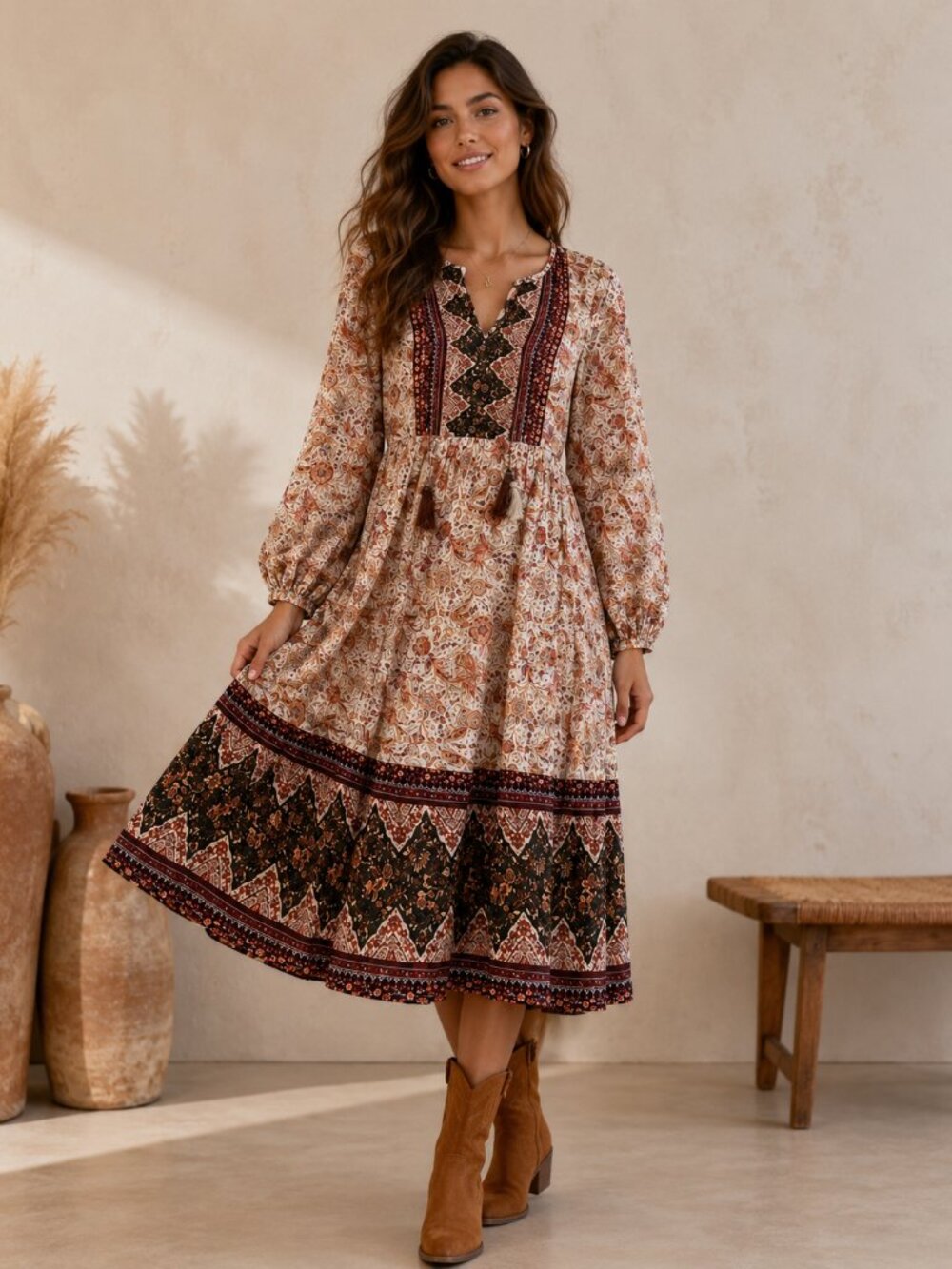 Frye & Co. Bohemian Paisley Border Print Long Sleeve Dress, L